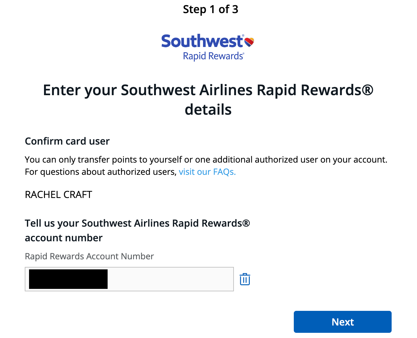 page to enter your Rapid Rewards number