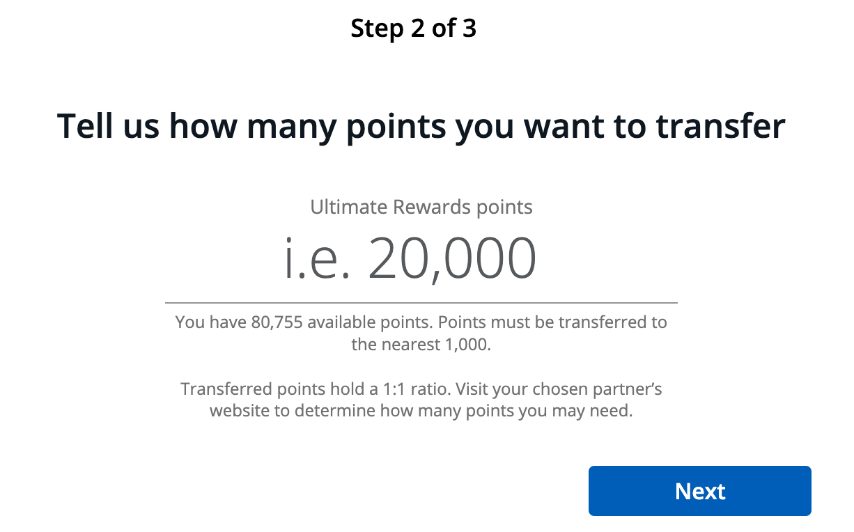 page to enter how many points to transfer