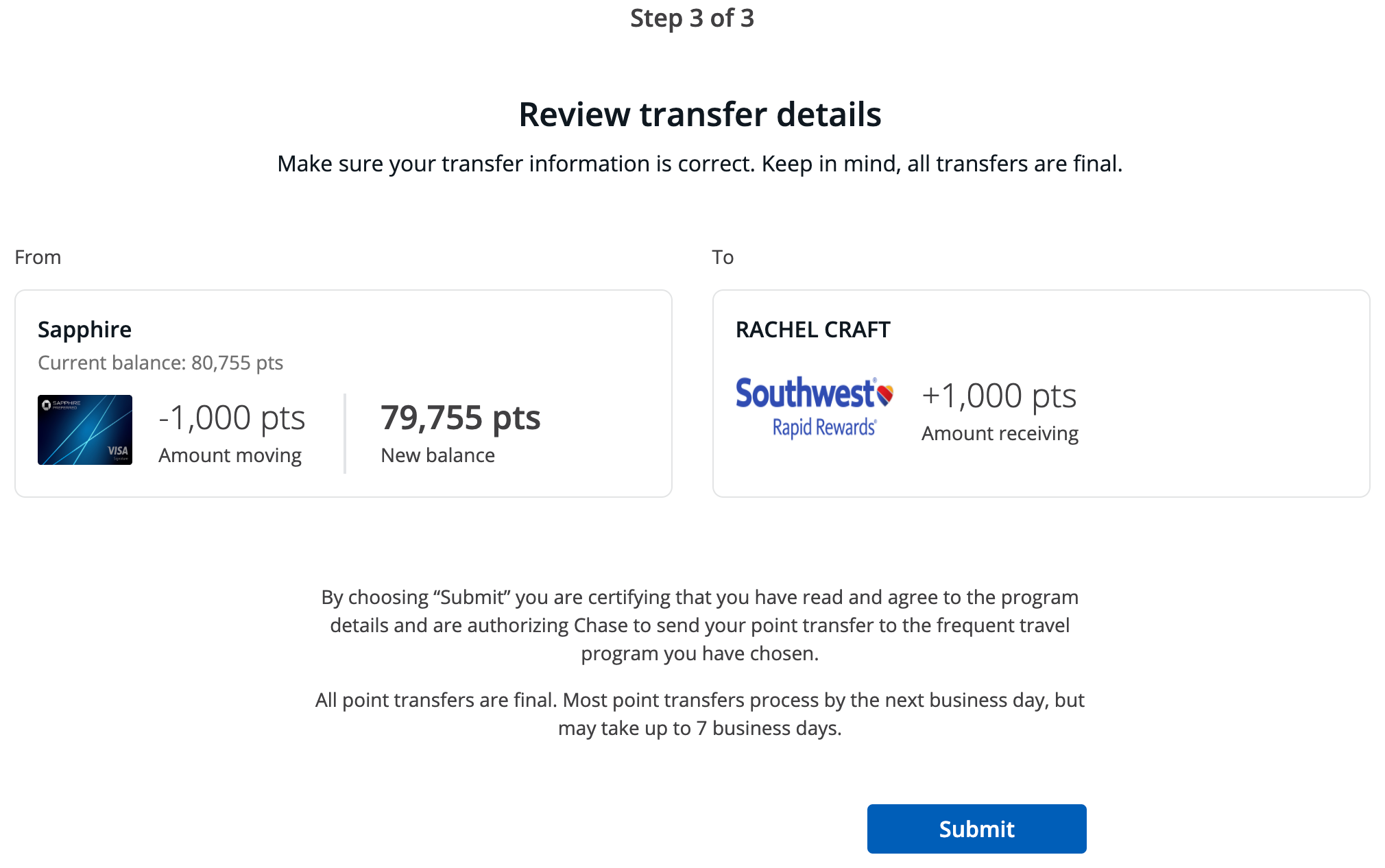  number of points, Rapid Rewards name and number