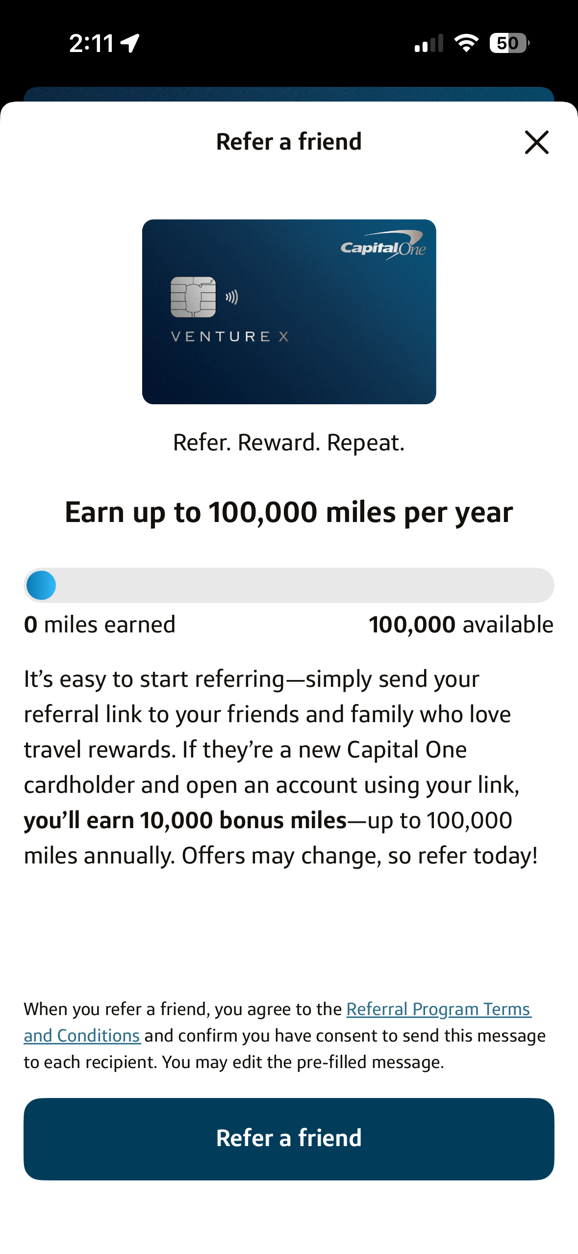 Refer a friend example Venture X in the iPhone app for Capital One