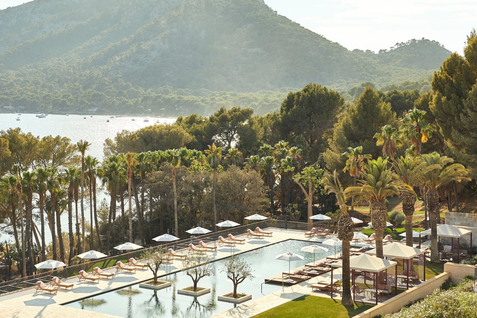 large swimming pool surrounded by umbrellas and large green trees with the ocean and mountains in the distance