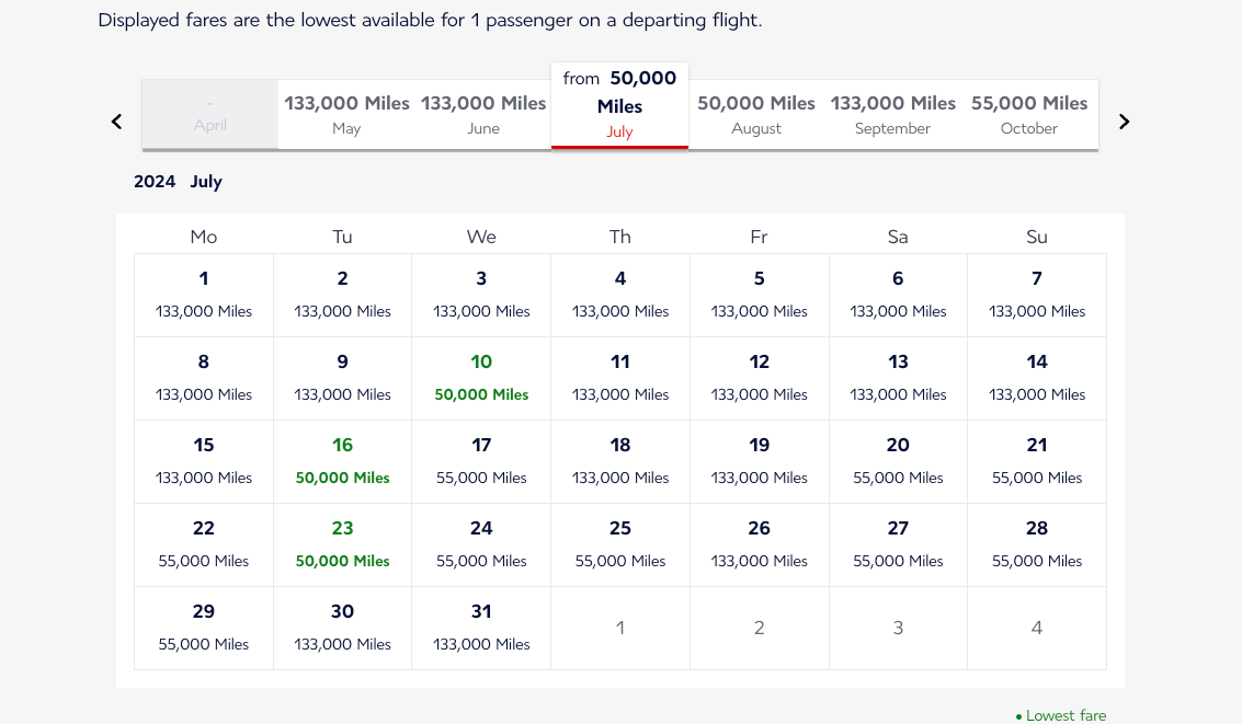 Calendar view of points cost for Air France