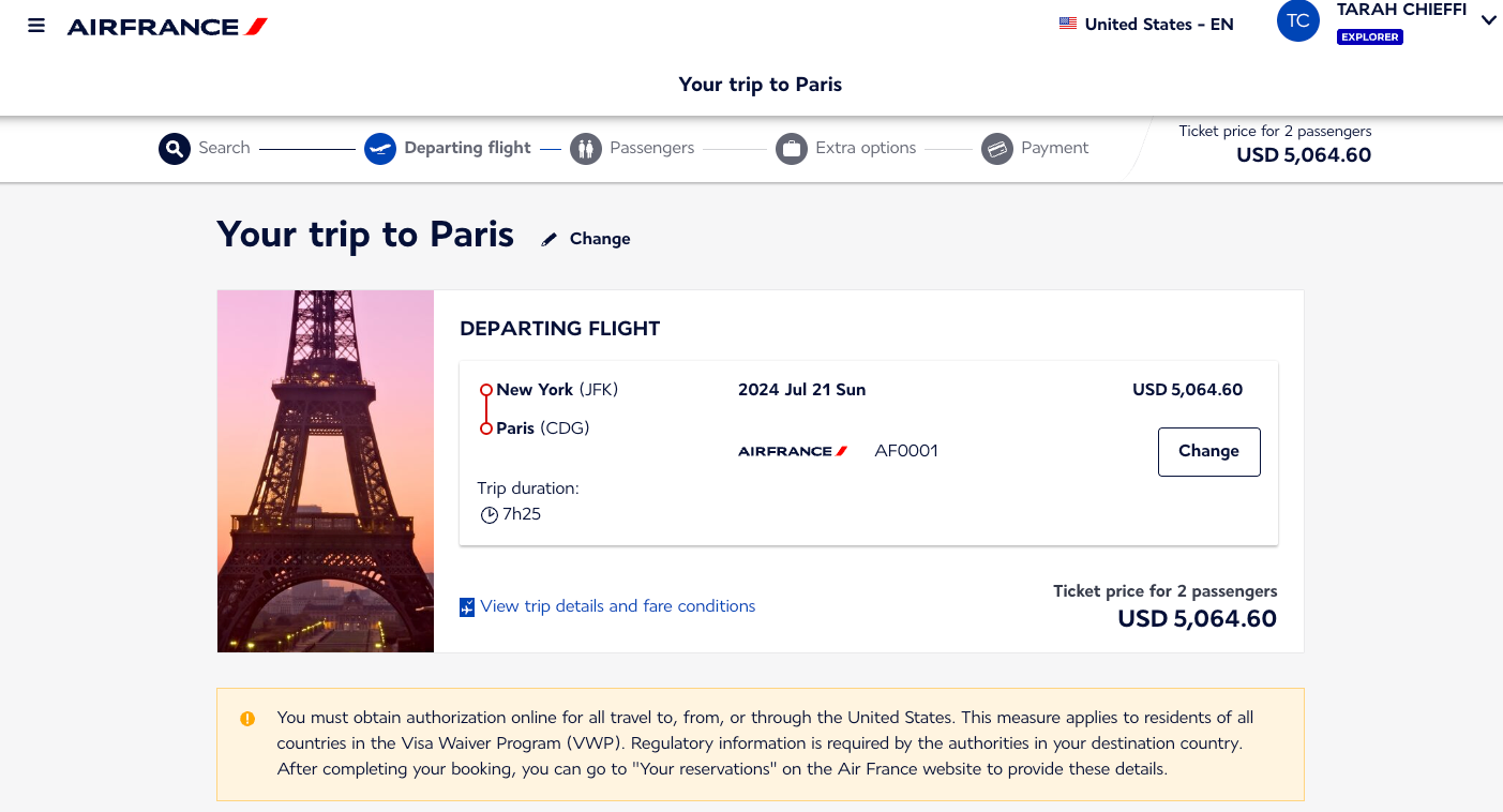 Cash cost of traveling to Paris from New York on Air France