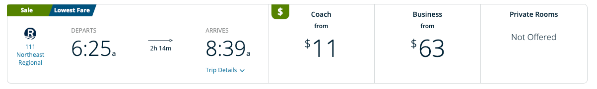 Cost of an Amtrak ticket from Philadelphia to Washington, D.C.