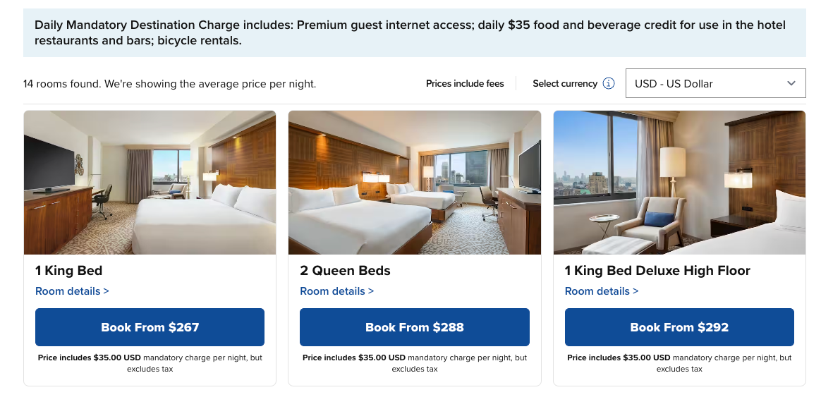 Screenshot of costs of different kinds of Hilton hotel rooms