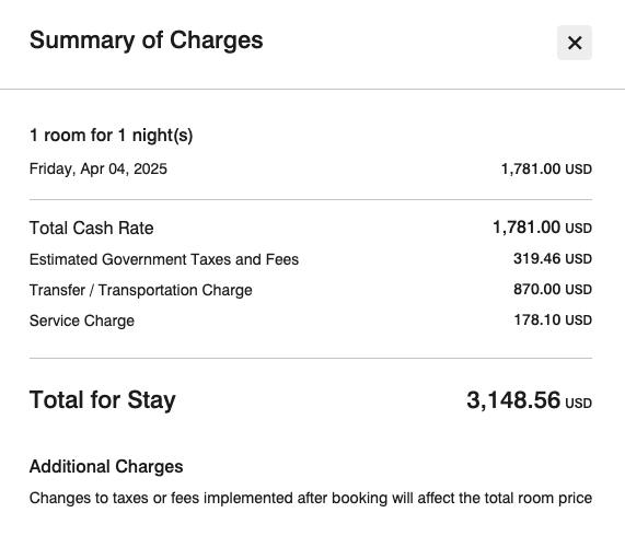 Screenshot of staying at The St. Regis Maldives Vommuli Resort for one night