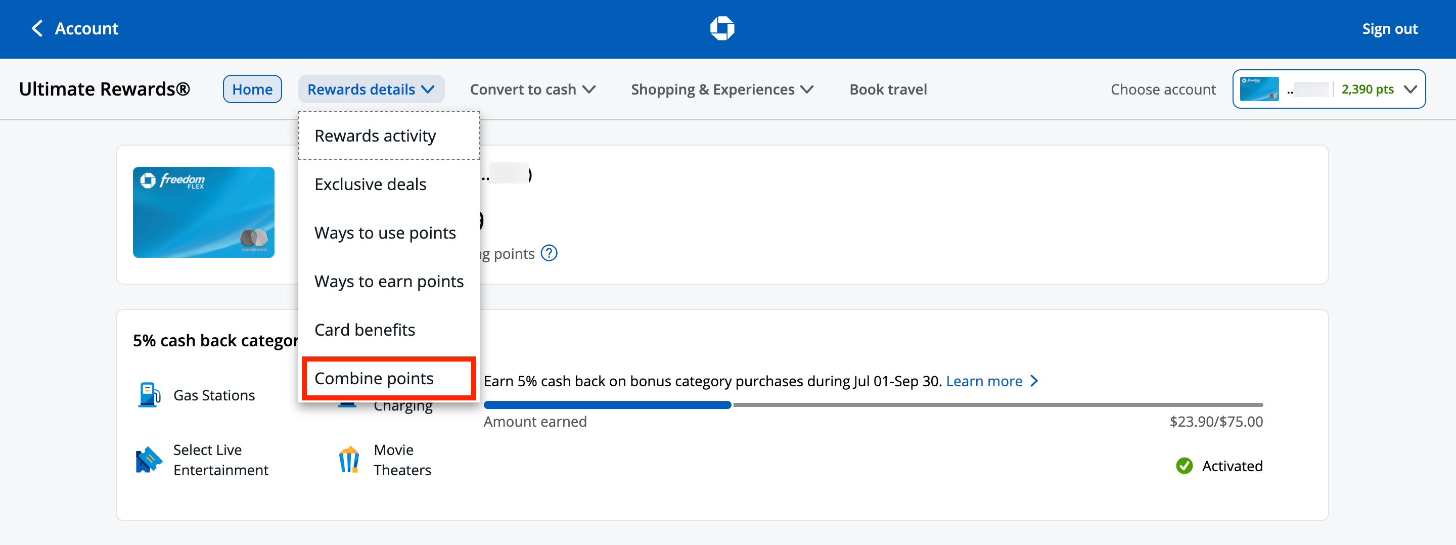 A screen shot of the Chase Ultimate Rewards portal showing where to find the Combine Points functionality