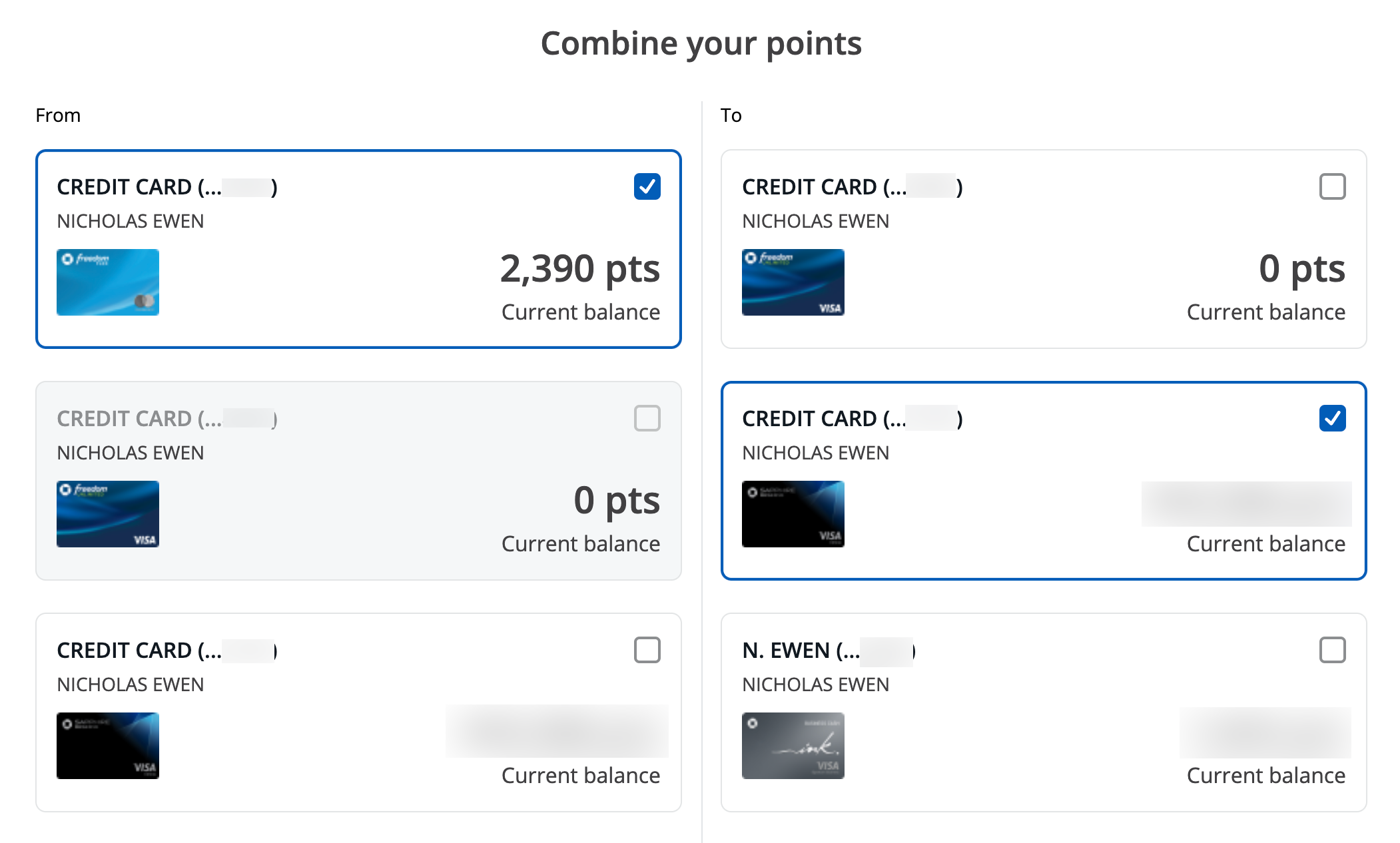 A screen shot where you select the Chase cards to combine points