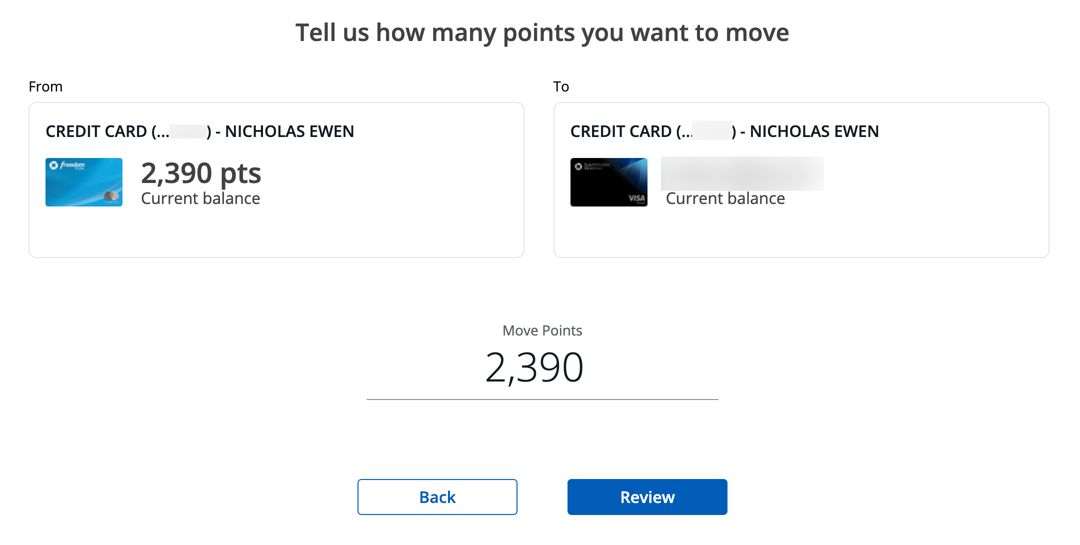 A screen shot where you select the number of Chase points to move from one account to another