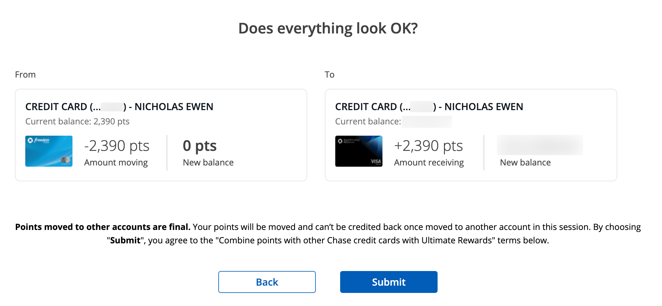 A screen shot where you review the points you're transferring from one Chase credit card to another