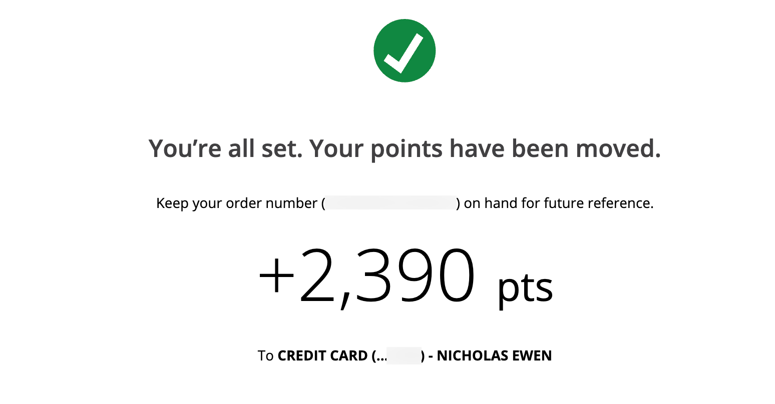 A screen shot confirmation showing Chase points have been combined