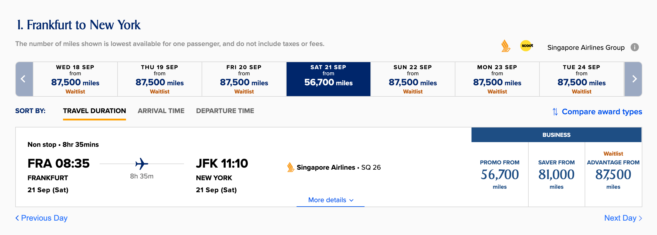 A discounted business-class award on Singapore Airlines from Frankfurt to New York-JFK