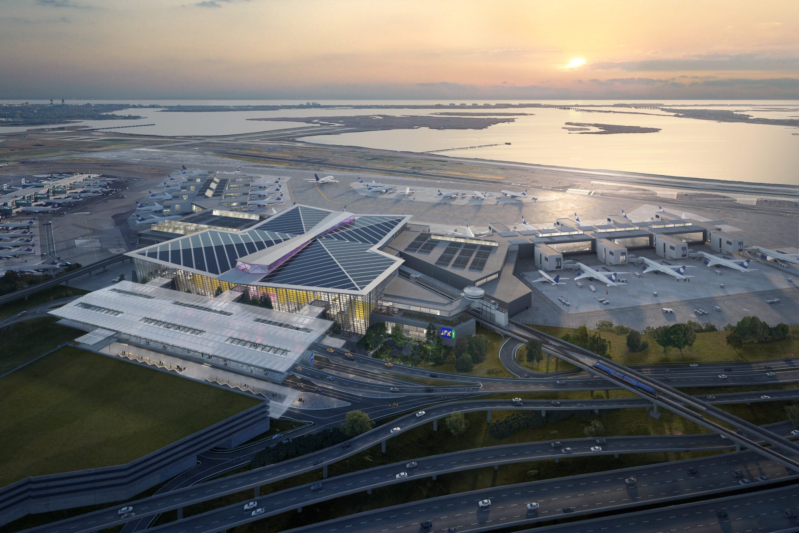 an artist's rendering showing an aerial view of the new Terminal One at John F. Kennedy International Airport