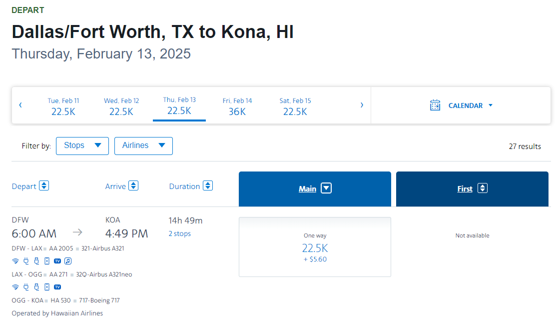 Redeeming American miles for flights to Hawaii