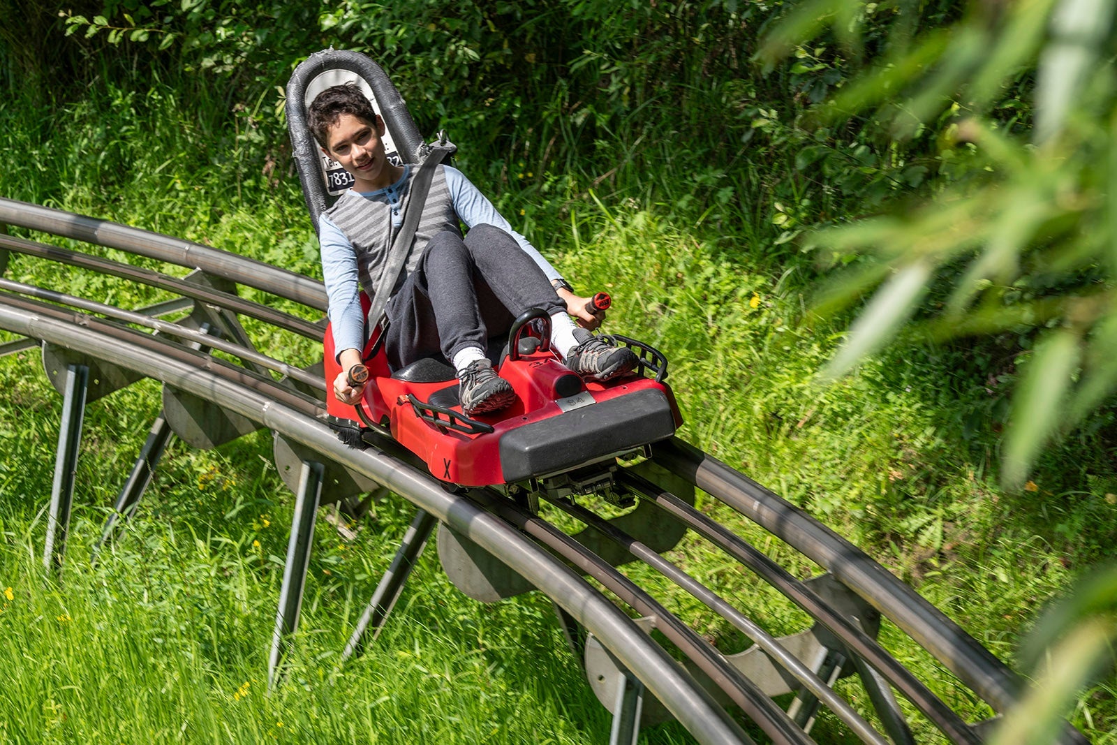 Boy on alpine toboggan ride in Black Forest