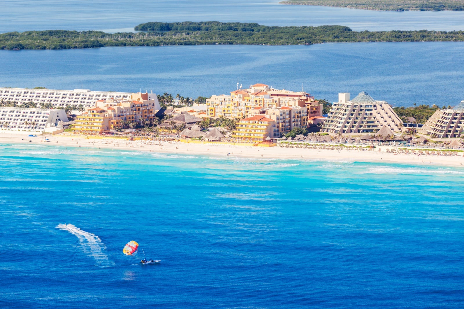 Aerial view of Cancun Hotel zone, Quintana Roo, Mexico