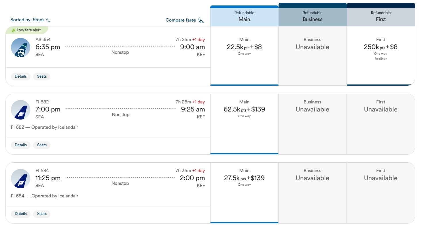 Atmos Rewards award options for SEA to KEF