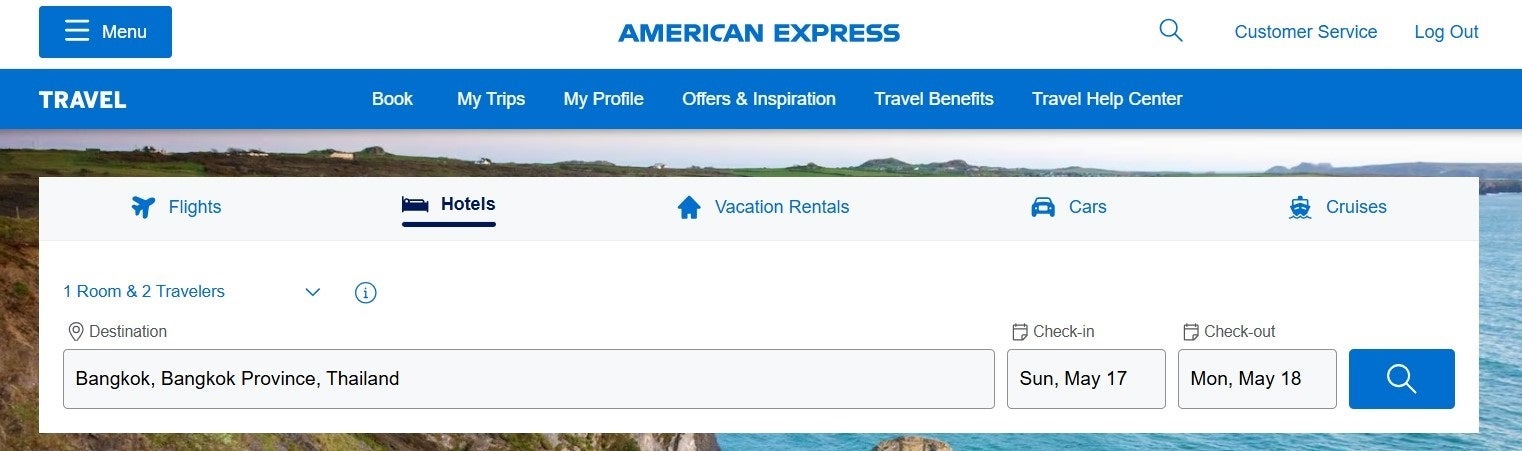 Searching for a hotel through Amex Travel