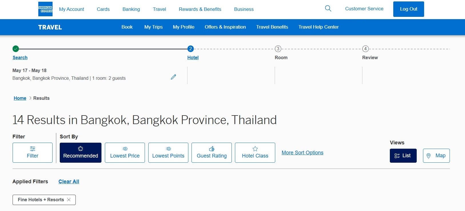 Filtering hotel search results on Amex Travel