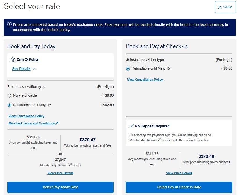 Choose whether to pay now or later when booking through the Amex Fine Hotels + Resorts program