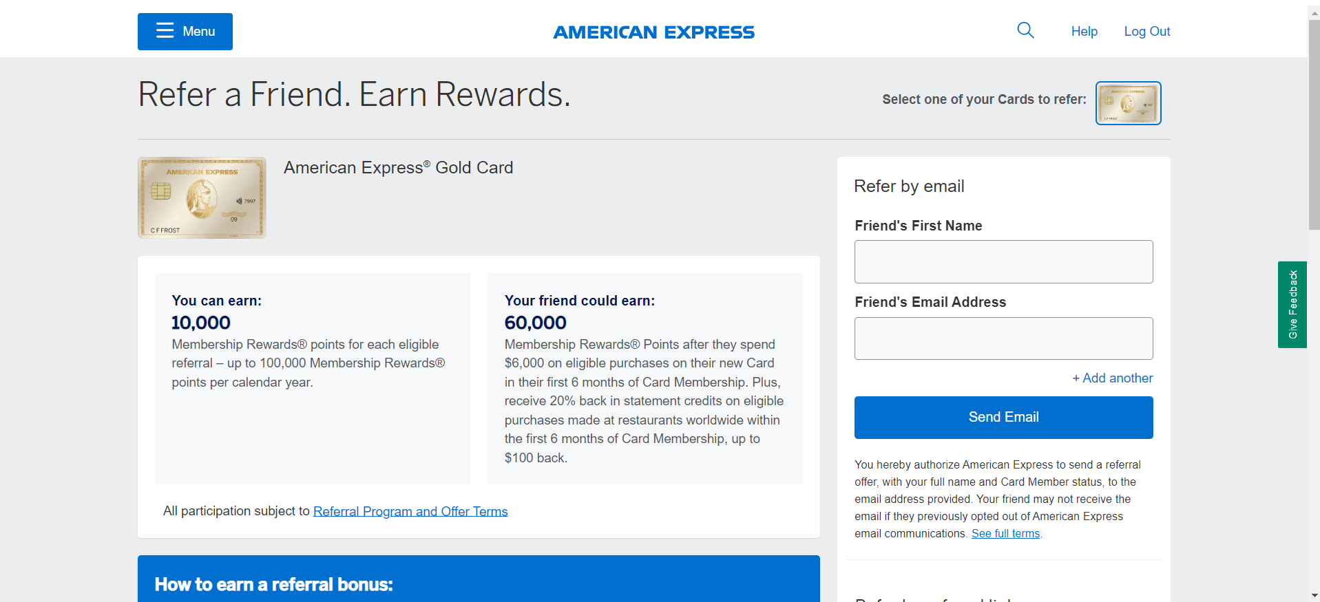 Image showing Amex referral page.