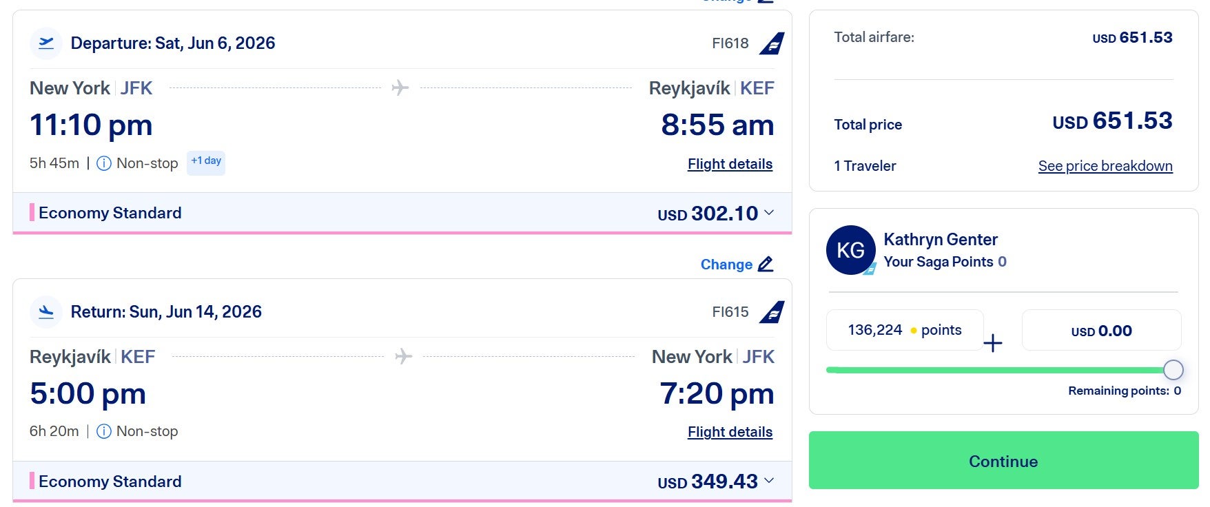 Icelandair option to redeem points when booking a flight