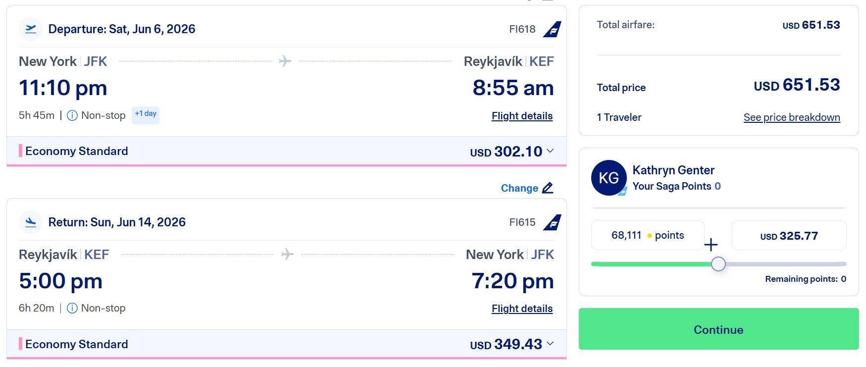 Icelandair option to redeem points when booking a flight