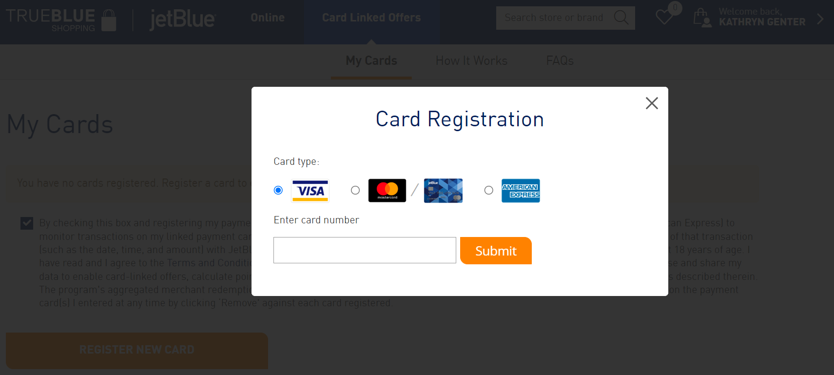 JetBlue TrueBlue Shopping card-linked offers