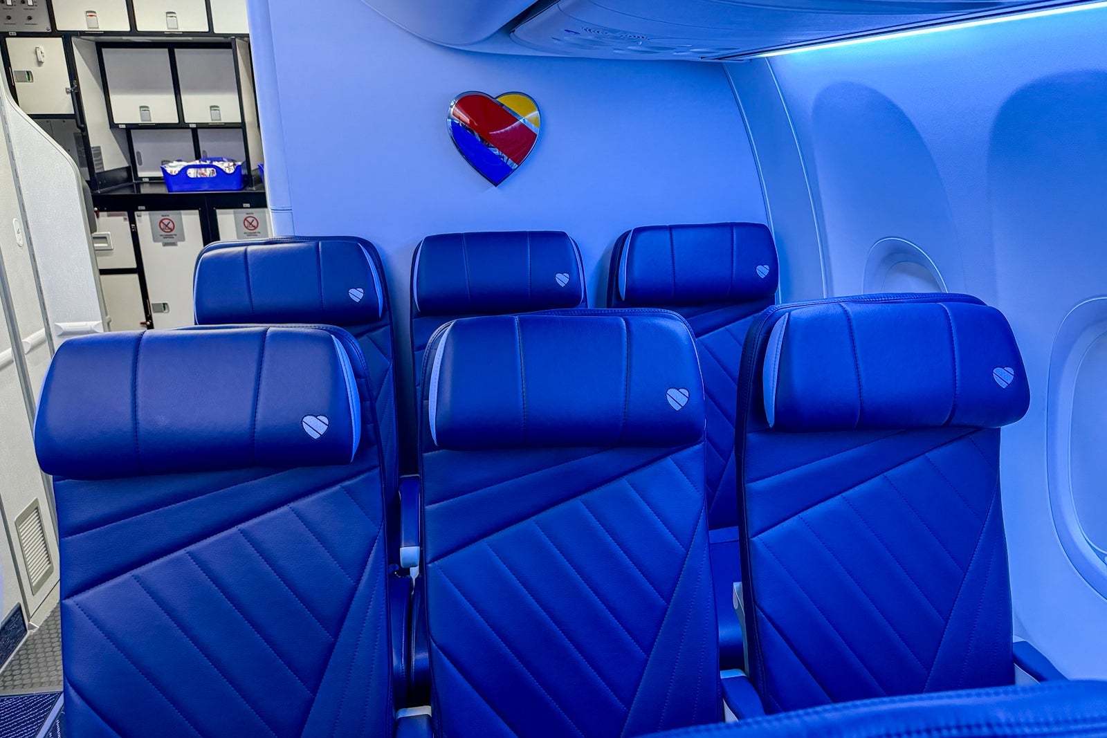 Southwest seats with heart logo on wall