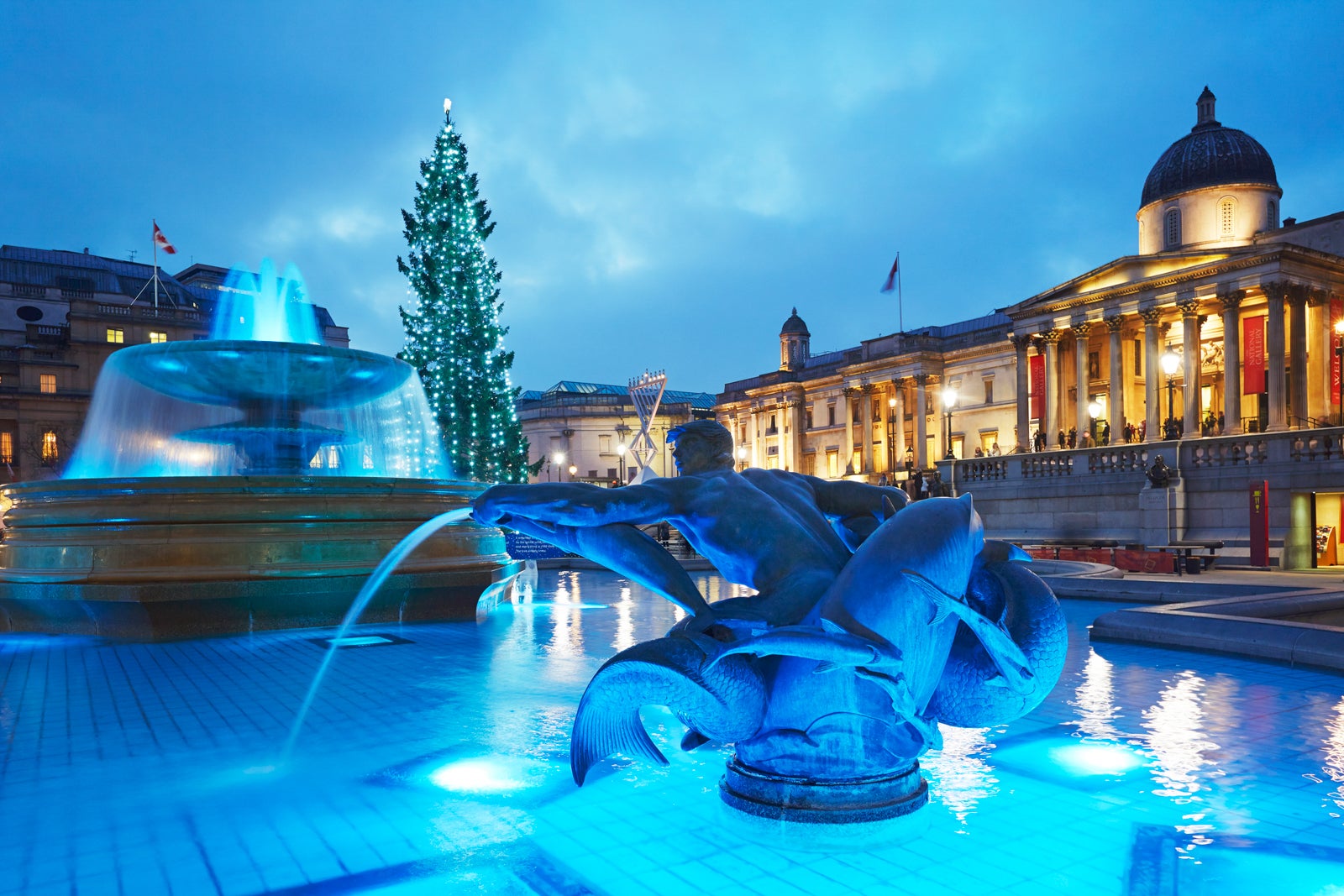 View at sunset of Trafalger square, National Gallery and Christmas tree illuminated at dusk