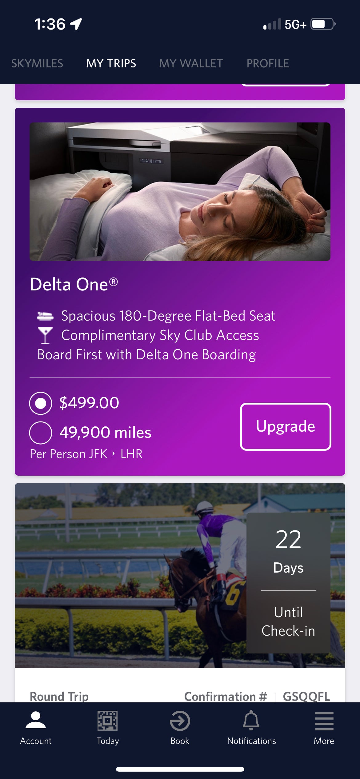 Offer to upgrade to Delta One from New York to London. DELTA