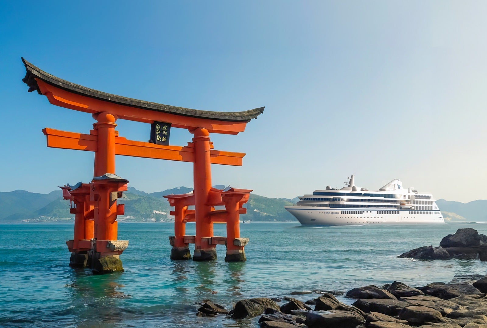 Rendering of a cruise ship anchored of the coast of Japan
