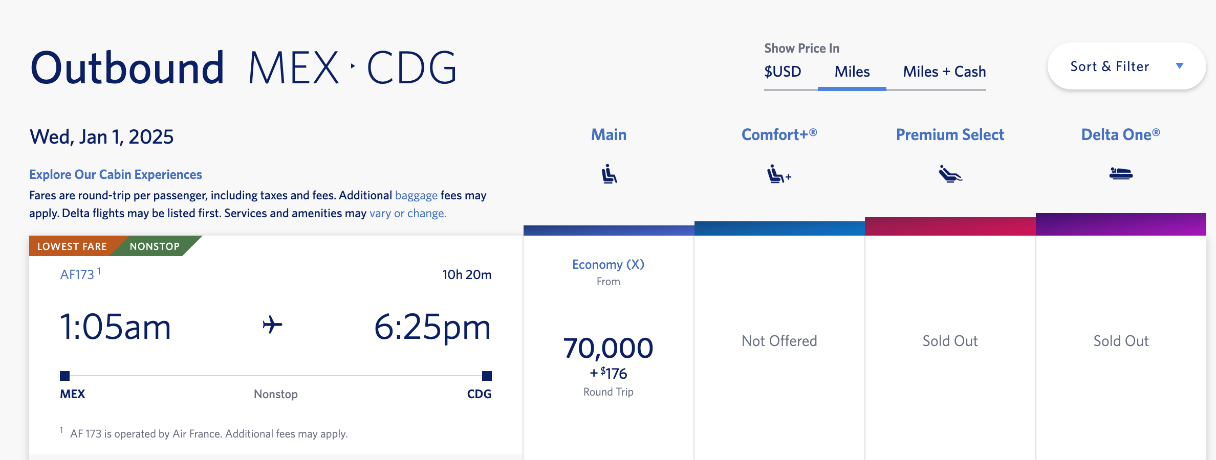 Delta award availability from Mexico City to Paris. DELTA