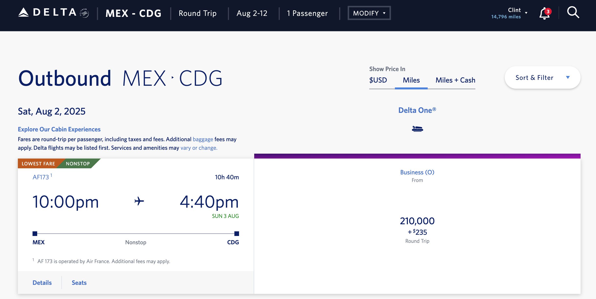 Delta award availability from Mexico City to Paris. DELTA
