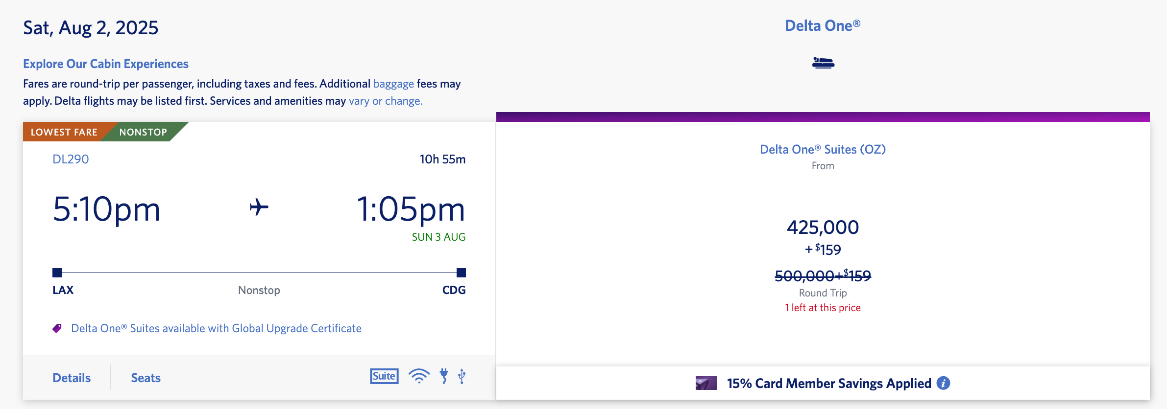 Delta award availability from Los Angeles to Paris. DELTA