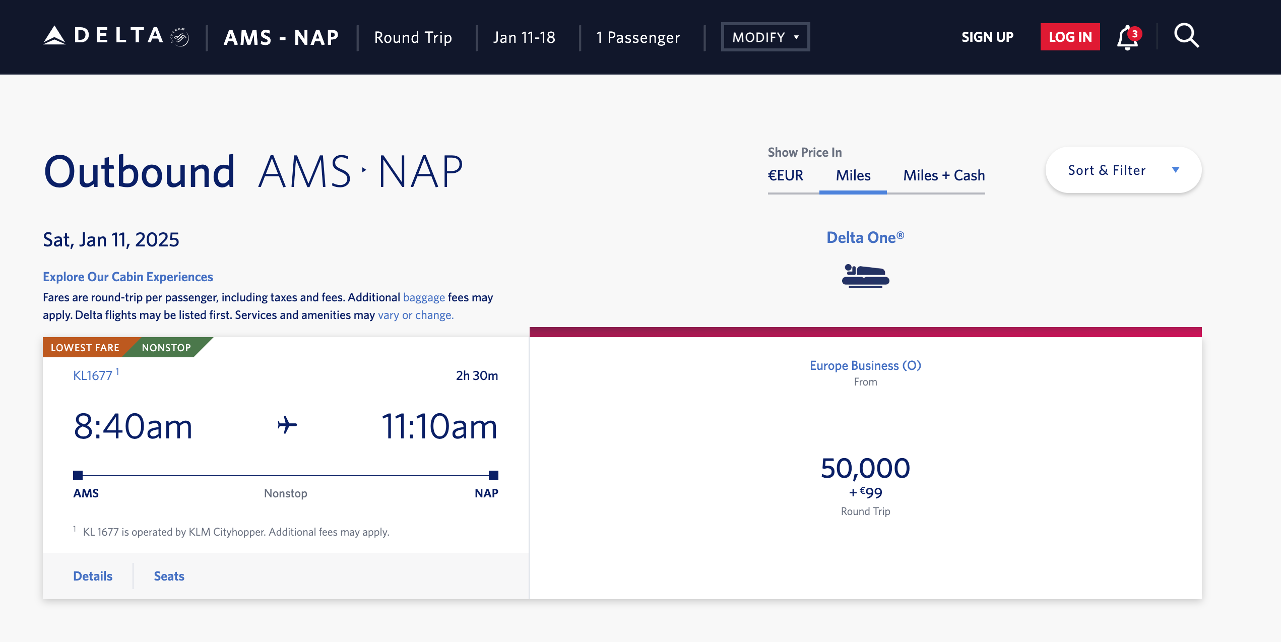Amsterdam to Naples award search results.