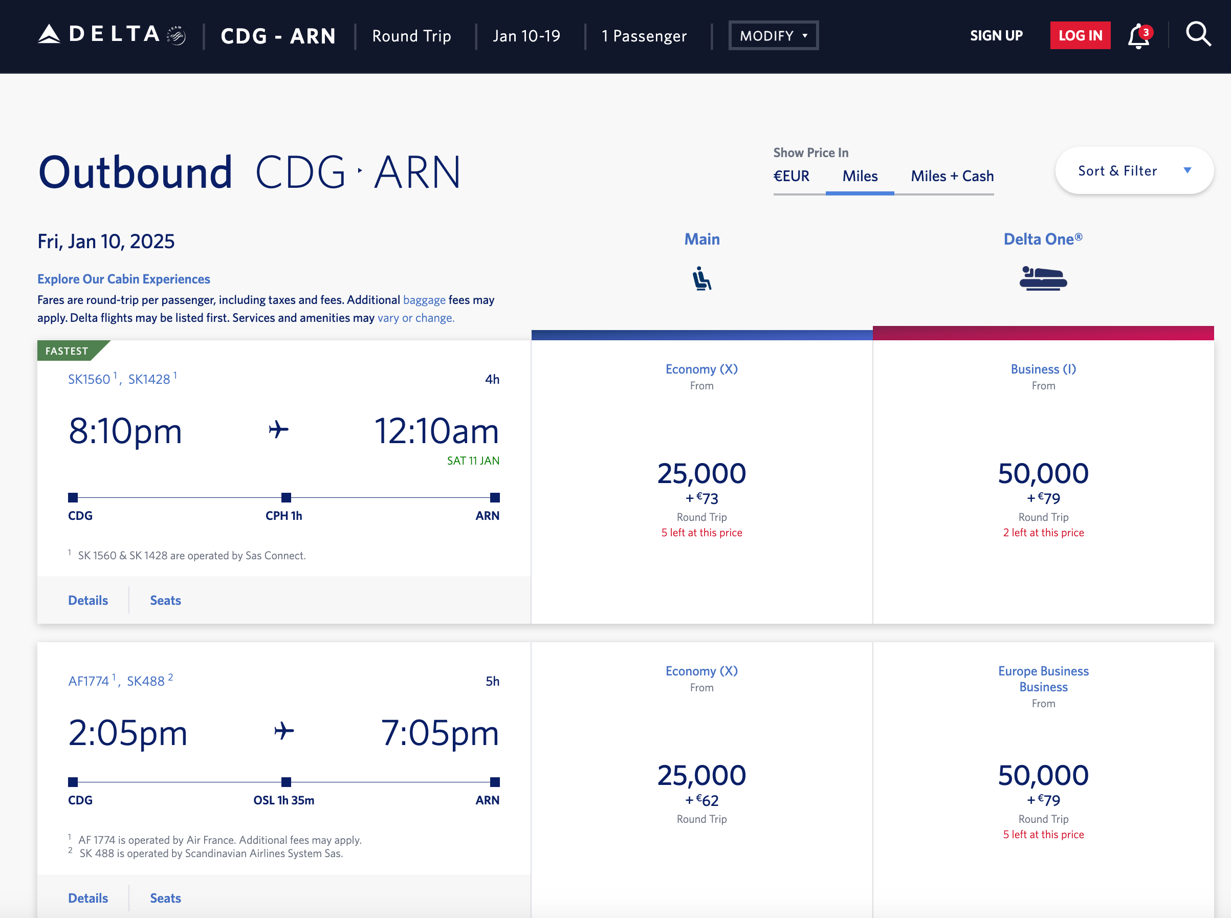 Paris to Stockholm award search results. DELTA