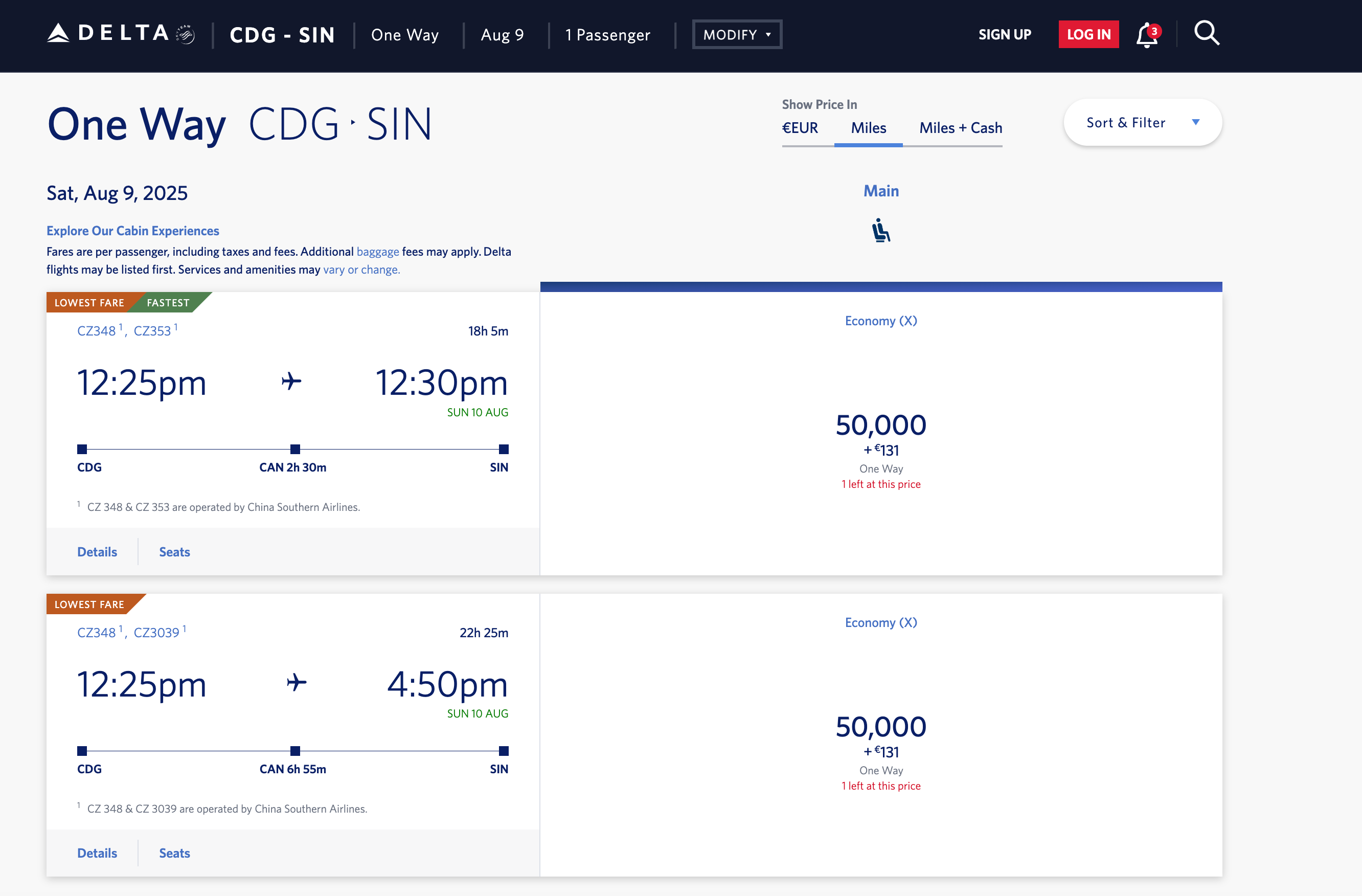 Delta award from Paris to Singapore. DELTA