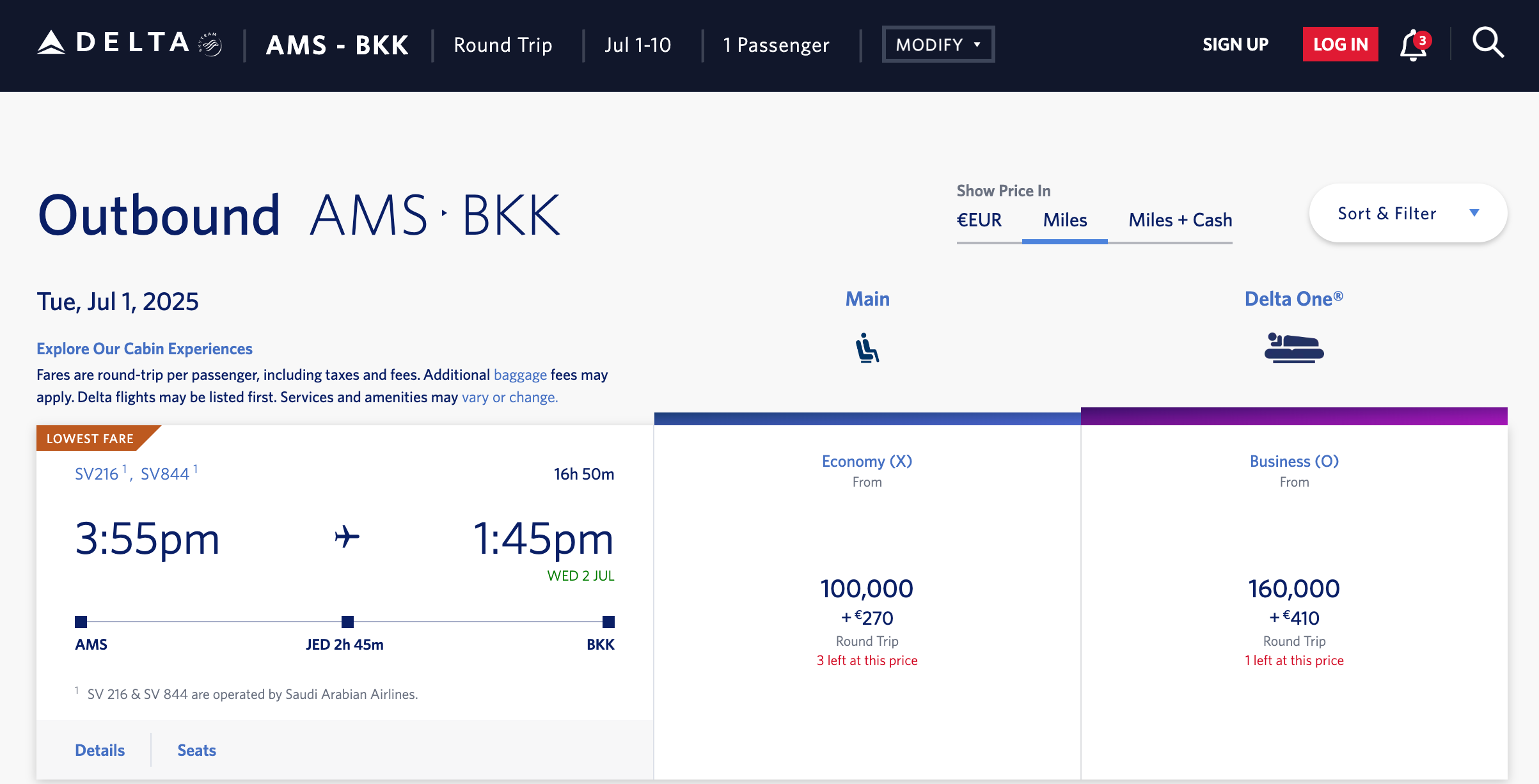 Delta award to Bangkok from Amsterdam. DELTA