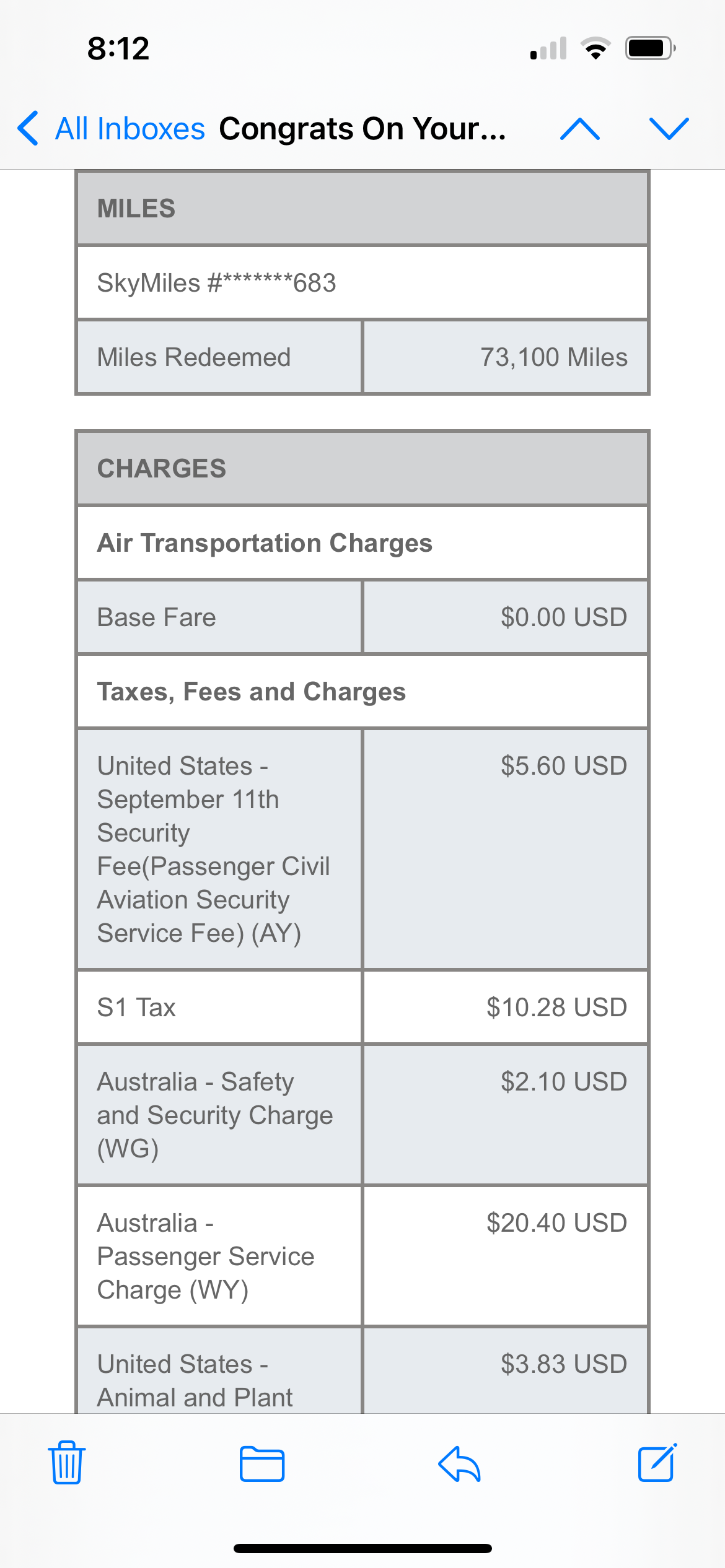 SkyMiles award price for Mexico City to Brisbane, Australia flight. DELTA