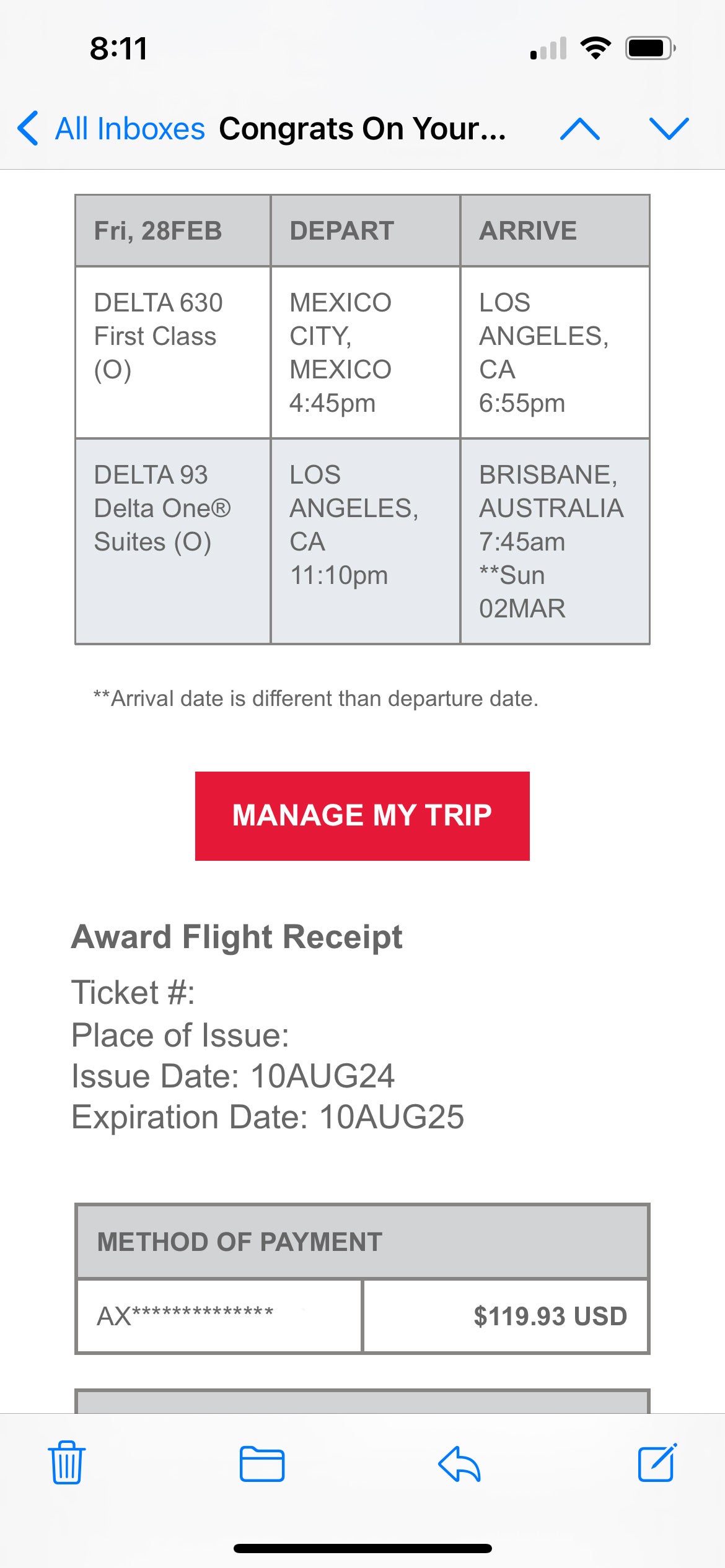 SkyMiles award price receipt for Mexico City to Brisbane, Australia flight DELTA_CHenderson