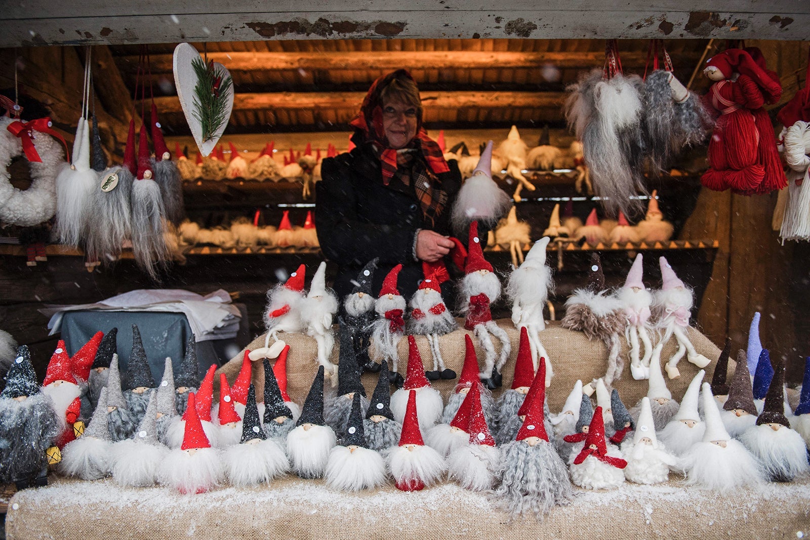 Small Santas on sale at the traditional Christmas market at the Skansen open-air museum in Stockholm