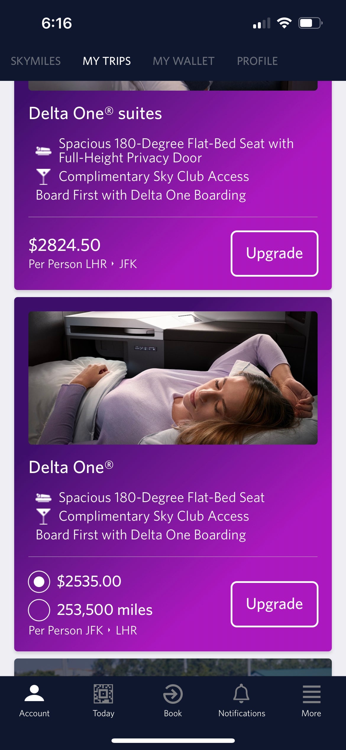 Upgrade offer on Delta to One to New York from London. DELTA