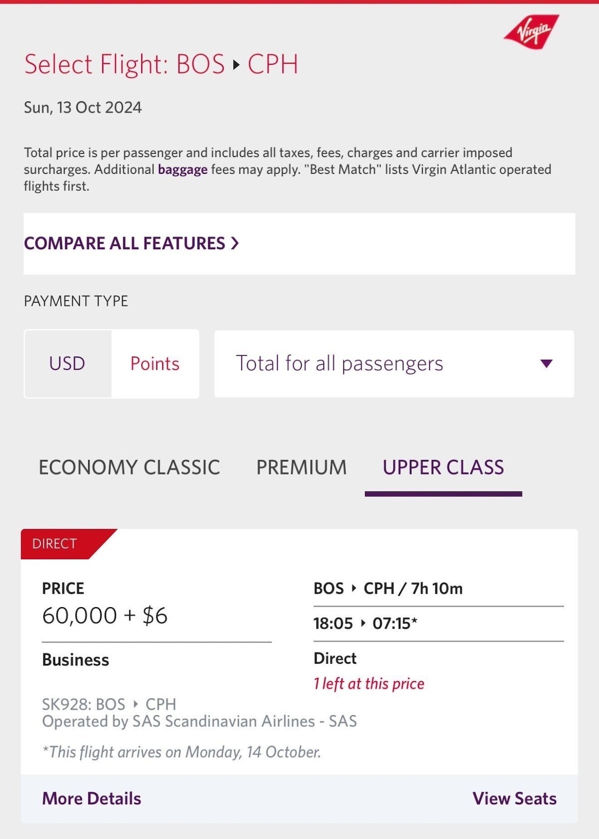 Virgin Atlantic awards on SAS. VIRGIN ATLANTIC