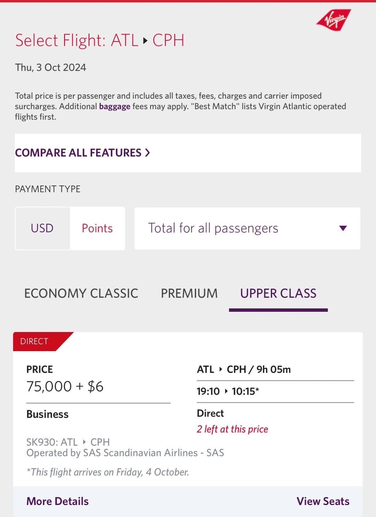 Virgin Atlantic awards on SAS. VIRGIN ATLANTIC