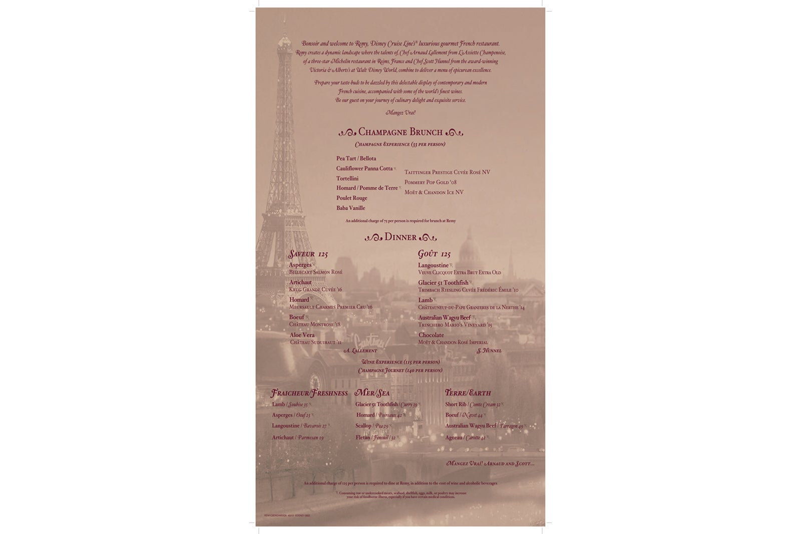 Dinner menu at French restaurant Remy on Disney Cruise Line