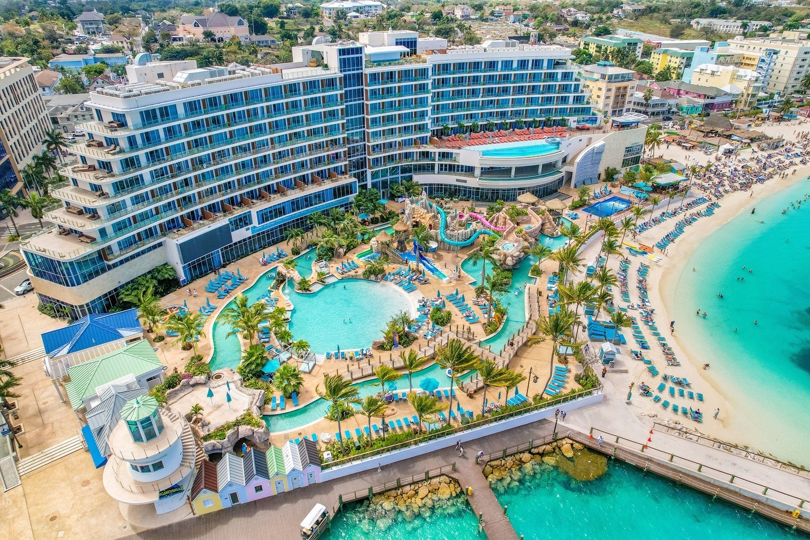 An aerial view of a beach resort in the Bahamas