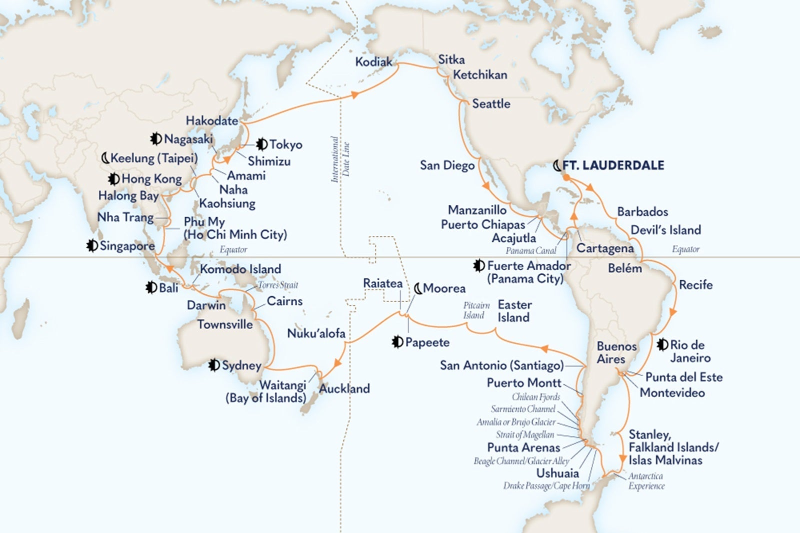 A map illustrating a world cruise itinerary
