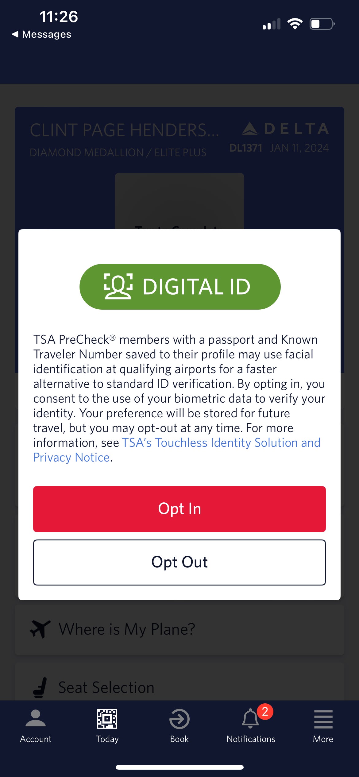 Delta digital ID notification. DELTA AIR LINES