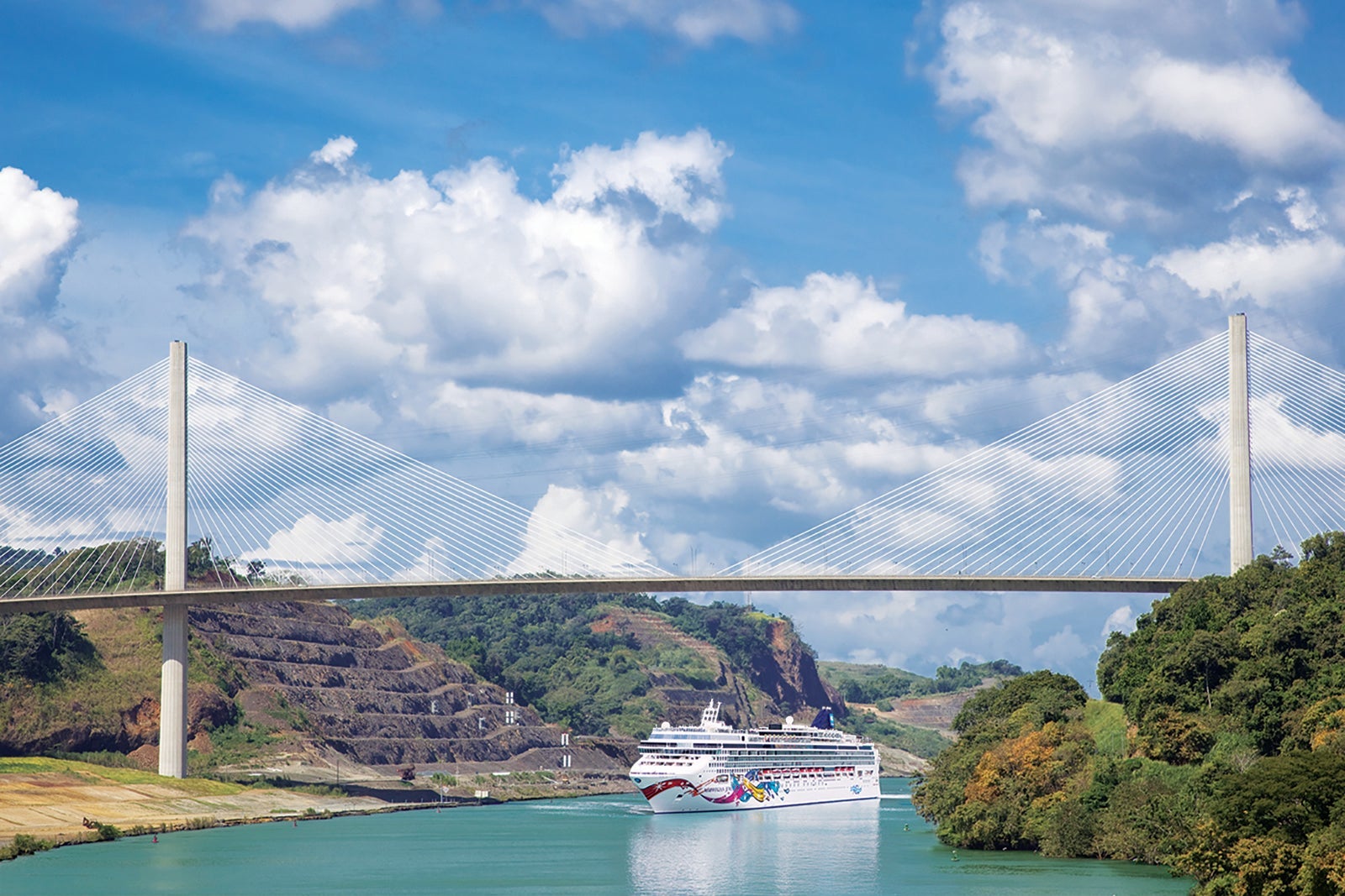 Cruise ship traveling through the Panama Canal